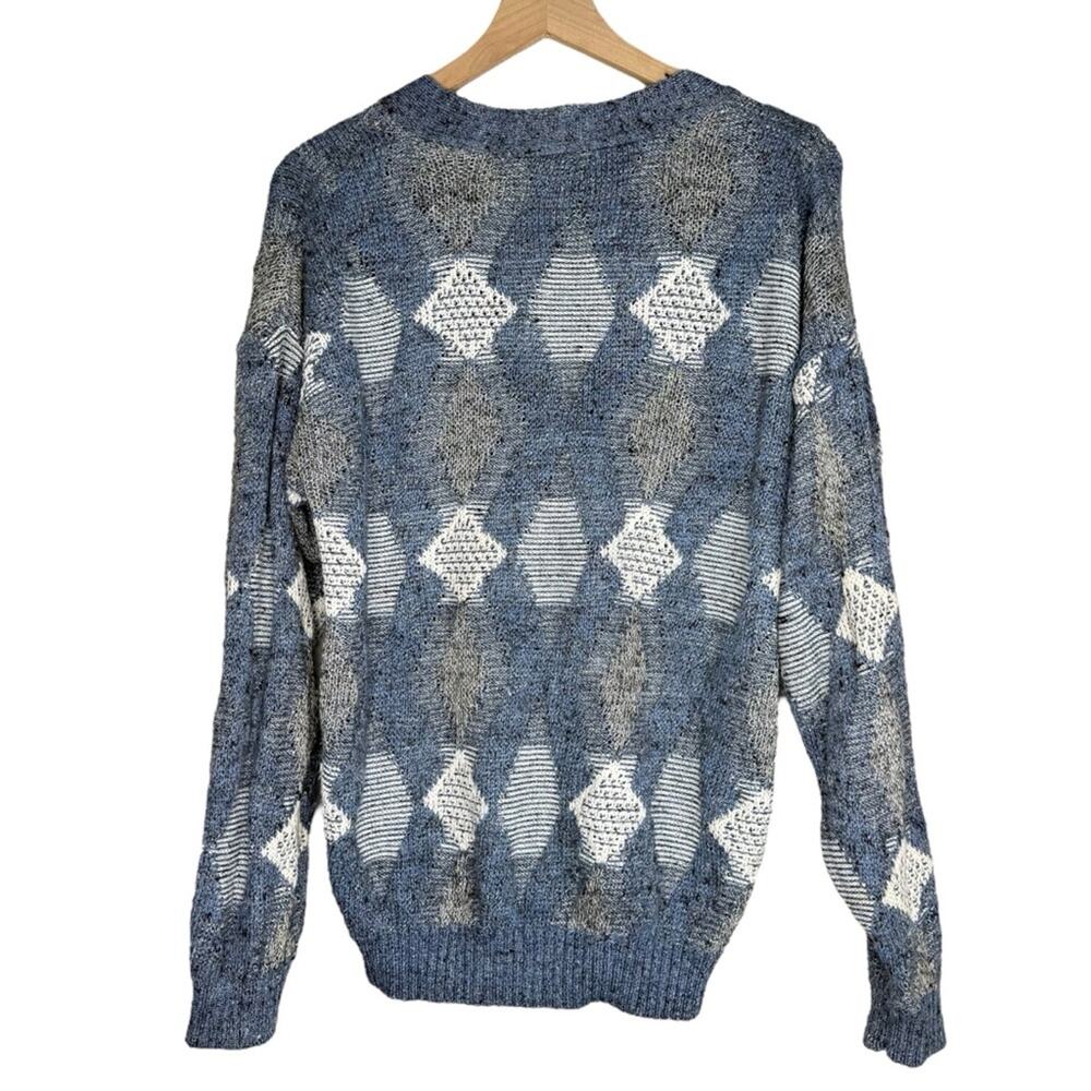 Vintage 1980s Damon Made in Italy Argyle Knit Grandpa Cardigan Sweater Blue M - Picture 2 of 6